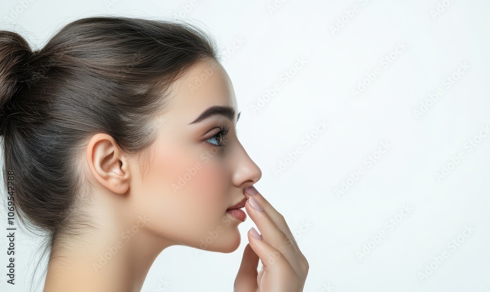 A beautiful young woman touches her nose with a hump on a white background in this profile portrait A beautiful young woman touches her nose with a hump on a white background in this profile portrait