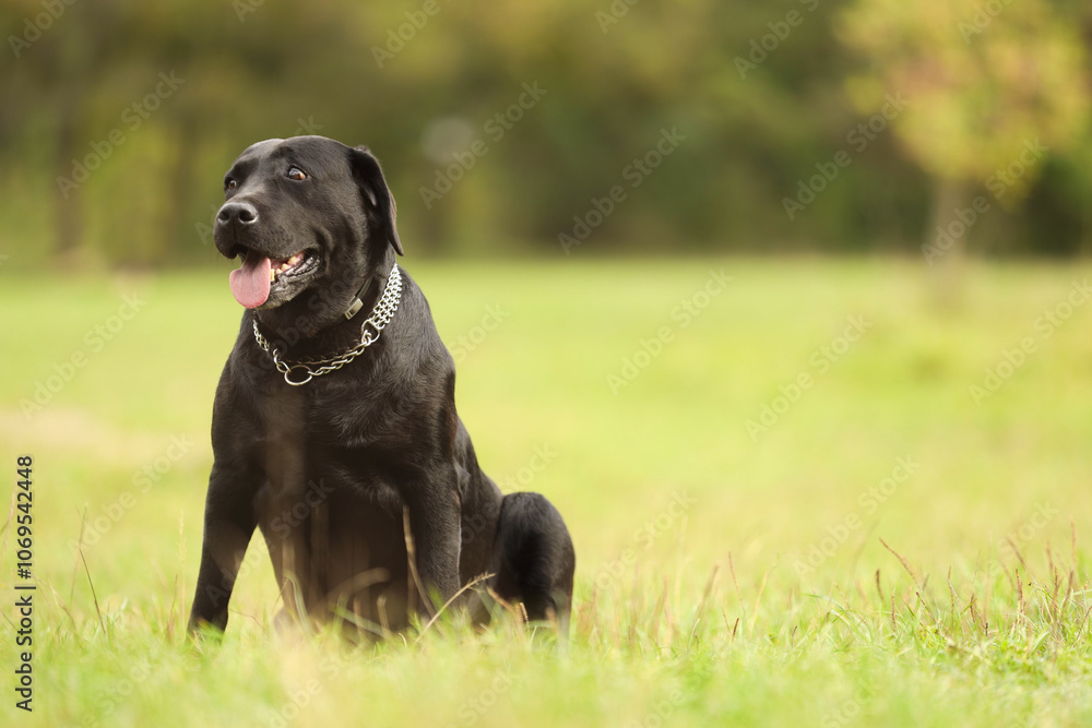 Adorable Labrador Retriever dog sitting on green grass. Space for text Adorable Labrador Retriever dog sitting on green grass. Space for text