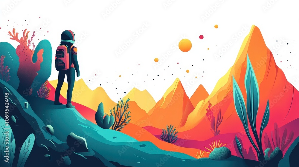 Fototapeta premium Colorful Alien Landscape with Space Explorer