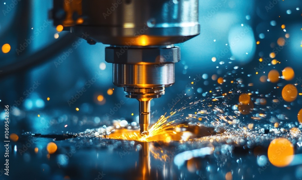 A close-up view of a precision CNC machine milling a complex metal part in an industrial workshop during the daytime A close-up view of a precision CNC machine milling a complex metal part in an industrial workshop during the daytime