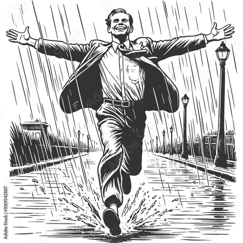 man in suit running joyfully through the rain, expressing freedom and happiness in an engraved style sketch engraving generative ai vector illustration. Scratch board imitation. Black and white image