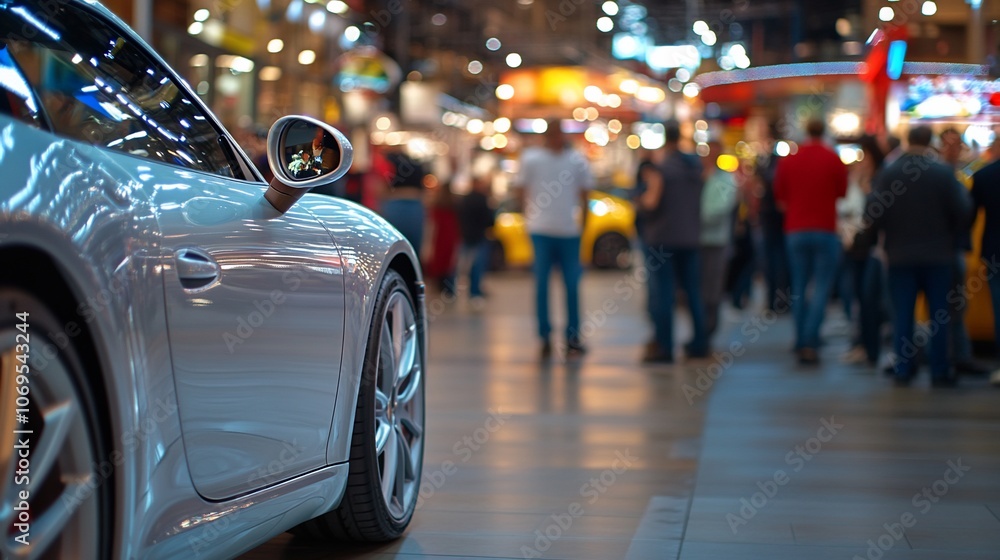 A sleek silver sports car parked at an event with blurred people in the background. A sleek silver sports car parked at an event with blurred people in the background.