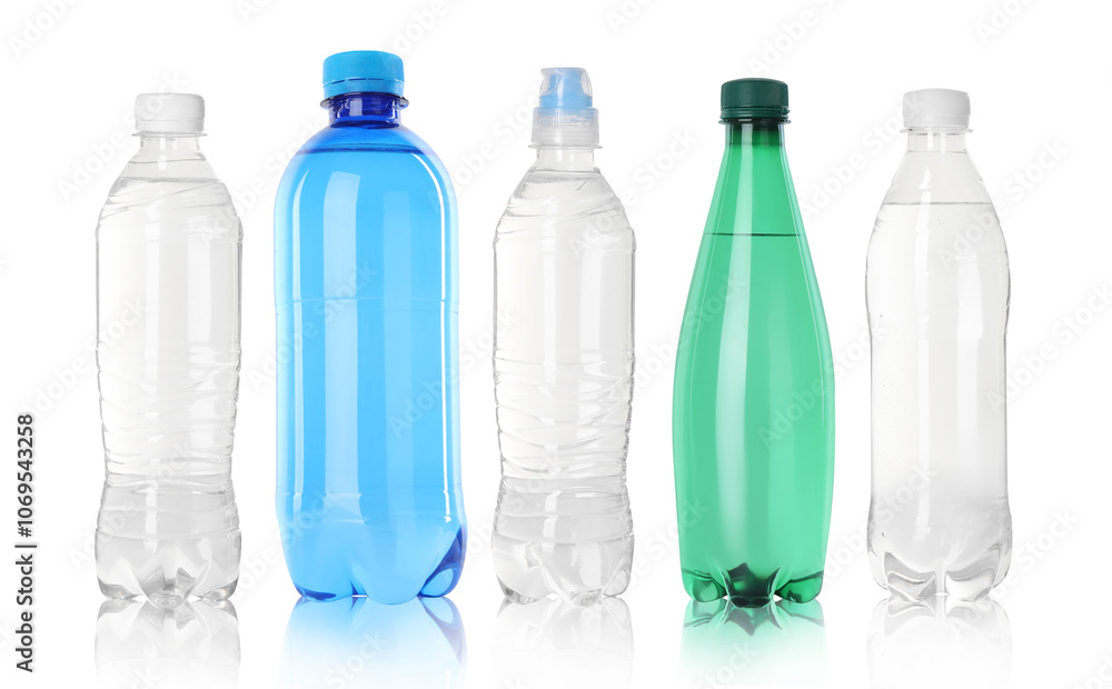 Different plastic bottles with water on white background Different plastic bottles with water on white background