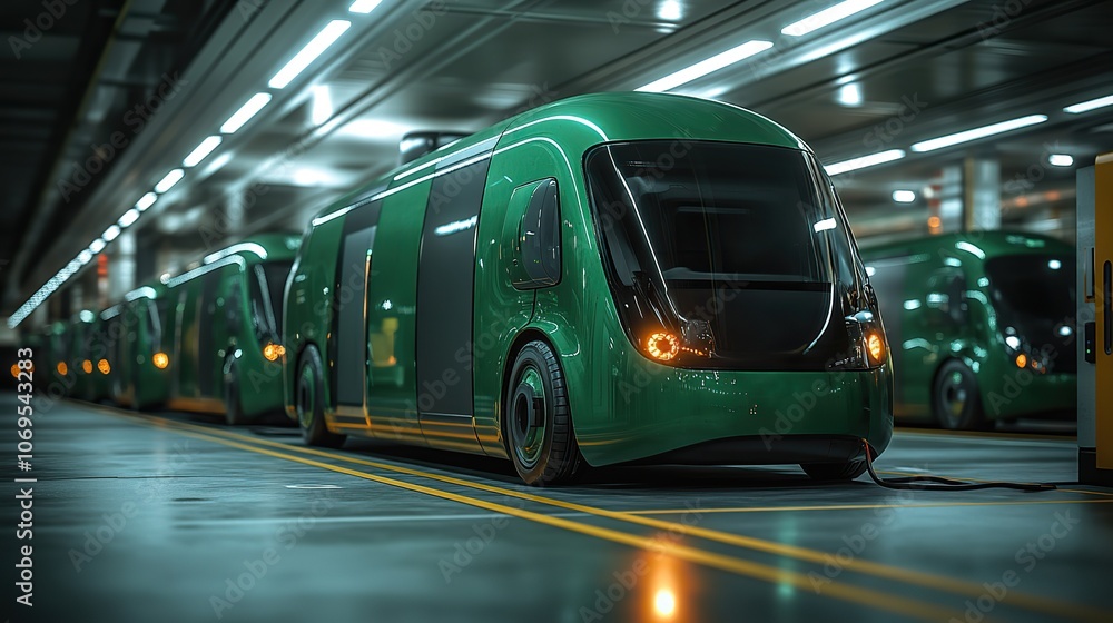 A fleet of electric vehicles charges at a station, highlighting renewable energy solutions for cargo transport. A fleet of electric vehicles charges at a station, highlighting renewable energy solutions for cargo transport.