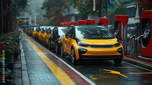 A fleet of electric vehicles charges at a station, highlighting renewable energy solutions for cargo transport. photo