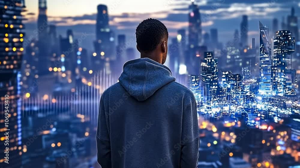 A young Black male gazes at a vibrant cityscape during twilight, reflecting personal growth and urban life. He’s dressed casually with a hint of solemn mood enveloping him. A young Black male gazes at a vibrant cityscape during twilight, reflecting personal growth and urban life. He’s dressed casually with a hint of solemn mood enveloping him.