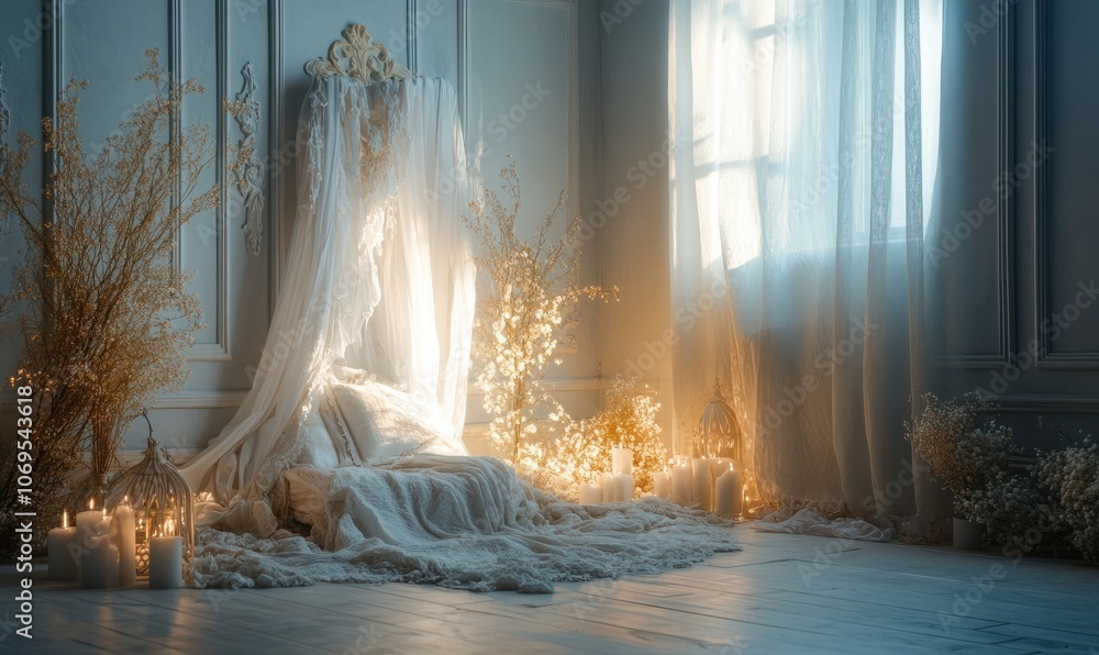 A beautifully lit studio scene with soft, diffused lighting and elegant backdrops, perfect for photography or portrait sessions A beautifully lit studio scene with soft, diffused lighting and elegant backdrops, perfect for photography or portrait sessions