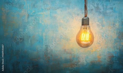 A glowing light bulb hanging in a serene atmosphere with a soft blue background, creating a calm and inviting space