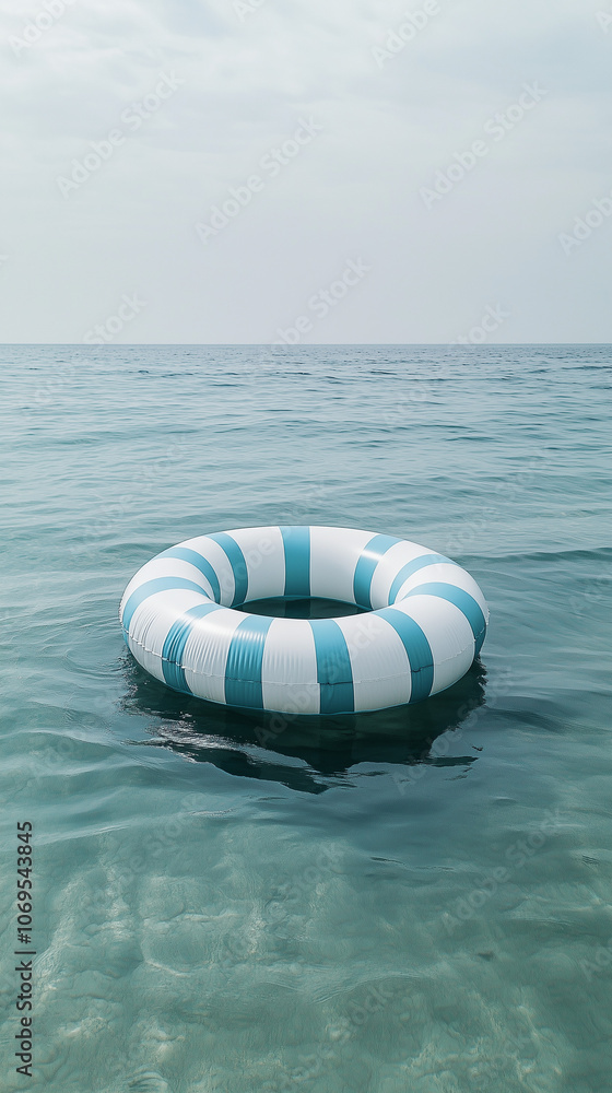 Obraz premium Blue and white rubber ring floating on the ocean