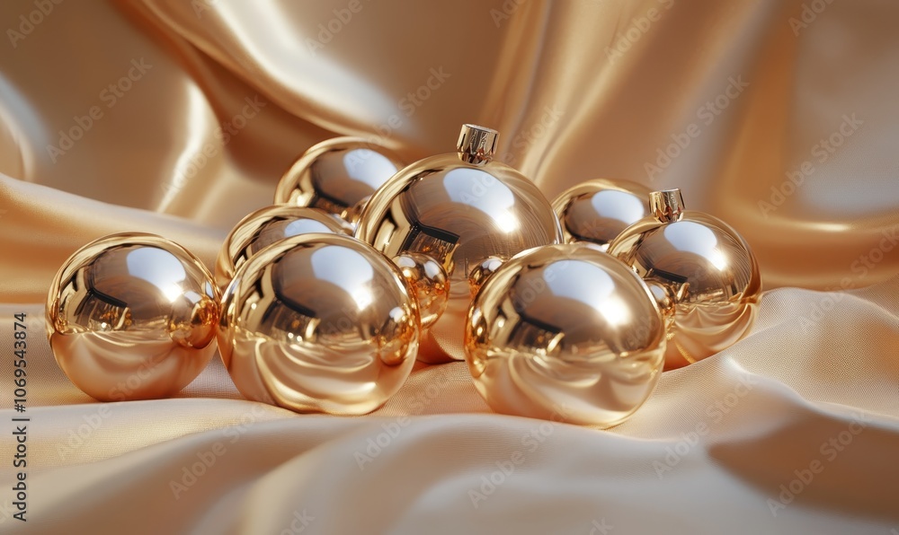 A group of shiny gold christmas ornaments on a satin background created with Generative AI technology A group of shiny gold christmas ornaments on a satin background created with Generative AI technology
