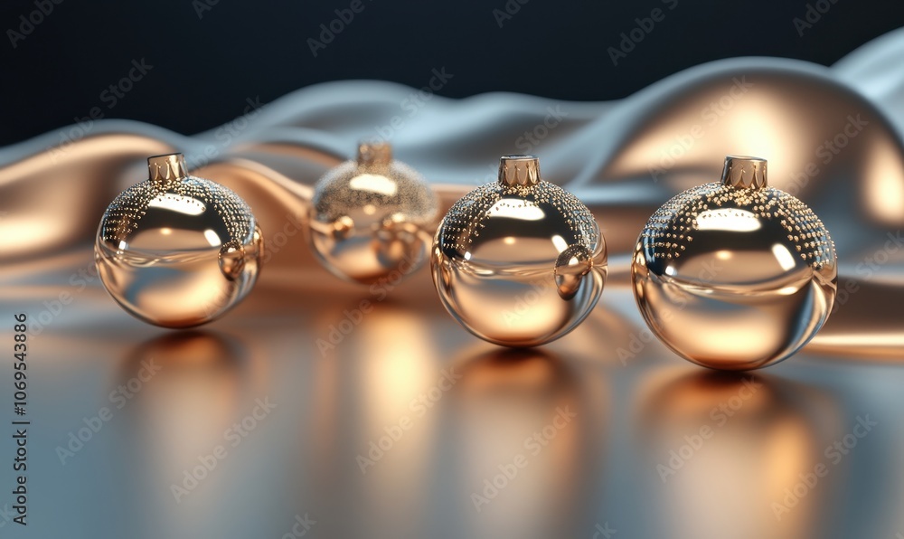 A group of shiny gold christmas ornaments on a satin background created with Generative AI technology A group of shiny gold christmas ornaments on a satin background created with Generative AI technology