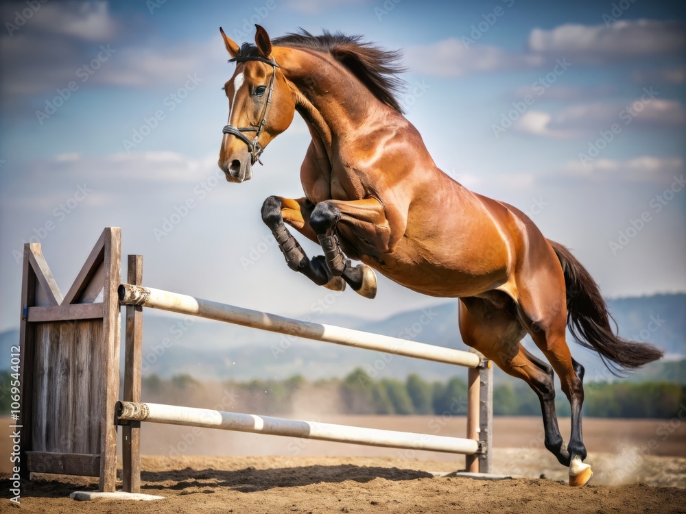 Obraz premium Elegant Brown Horse Jumping Over a Barrier in Minimalist Style Capturing the Grace and Power of Equestrian Sports Against a Simple Background