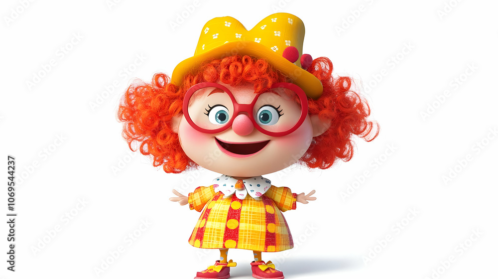 A cheerful 3D cartoon girl clown with red curly hair wearing a yellow hat with polka dots, red glasses, and a plaid dress. She's smiling and her arms are outstretched. A cheerful 3D cartoon girl clown with red curly hair wearing a yellow hat with polka dots, red glasses, and a plaid dress. She's smiling and her arms are outstretched.