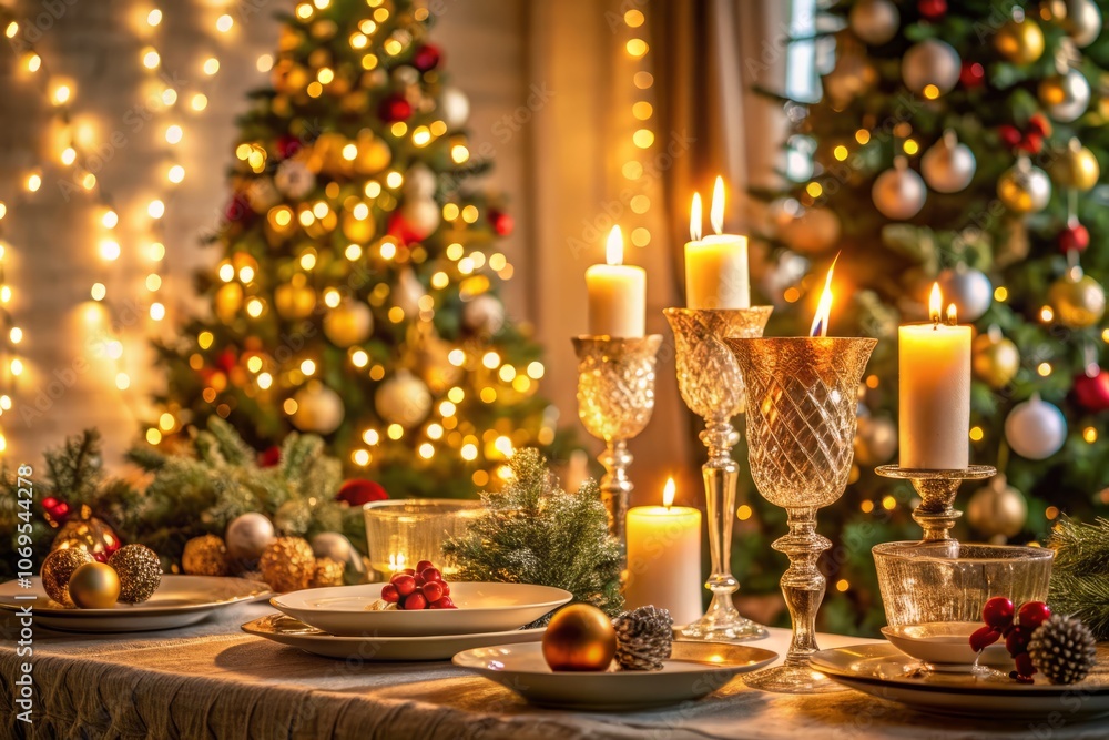 Elegant Christmas Table Setting with Candles and Glasses Amidst a Festively Decorated Christmas Tree Elegant Christmas Table Setting with Candles and Glasses Amidst a Festively Decorated Christmas Tree