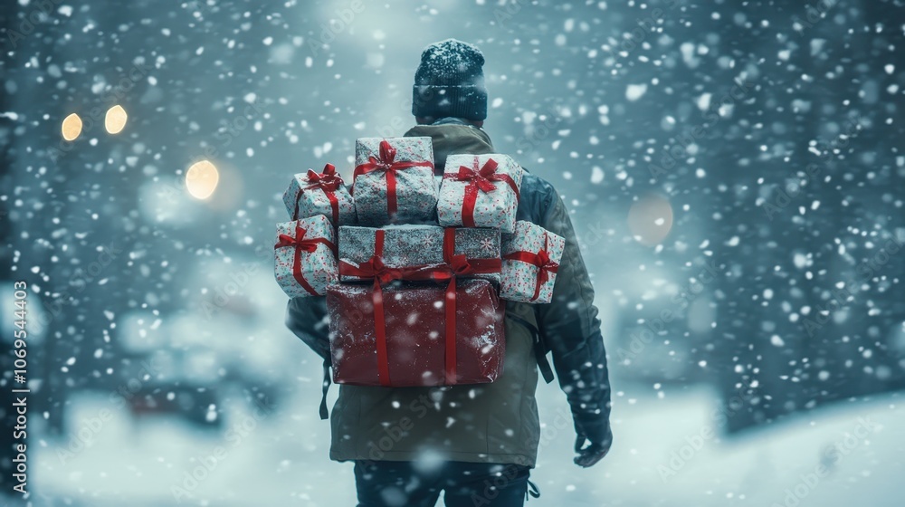 Naklejka premium A man wearing a winter jacket, hat, and carrying a red backpack walks through the falling snow, carrying a stack of wrapped gifts with red ribbons.
