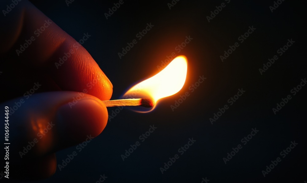 A match igniting with a bright flame against a dark background in a moody atmosphere at night A match igniting with a bright flame against a dark background in a moody atmosphere at night