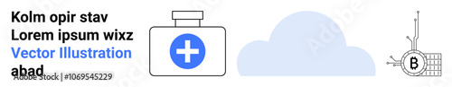 Medical kit with first aid cross, light blue cloud, connected network system. Ideal for healthcare, technology, cloud computing, medical services, health apps, emergency help, wellness. Landing page