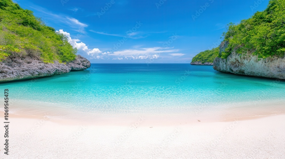 Fototapeta premium Tranquil tropical beach with clear turquoise water and lush green cliffs