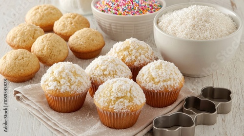 Freshly baked muffins with sugar toppings and colorful sprinkles