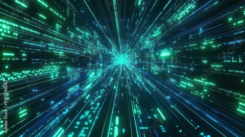 A digital representation of a fast-moving data stream in a futuristic environment.