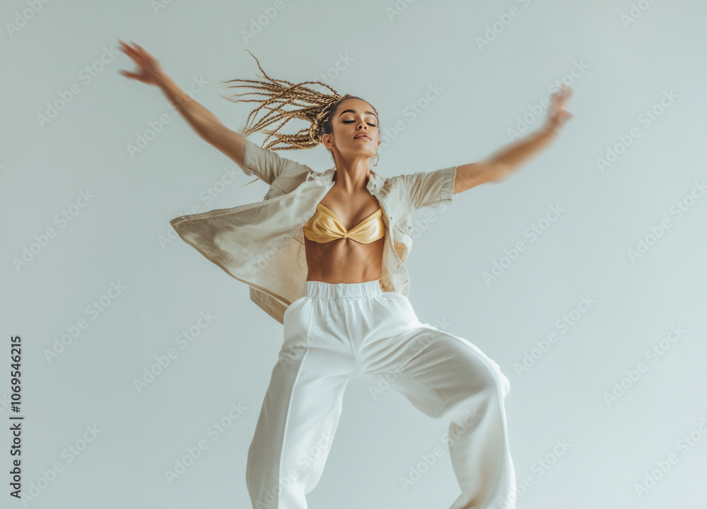 Fototapeta premium Young woman in fashionable, light toned hip hop and performance dance outfit performs high energy dance move against white studio background, radiating confidence and strength.