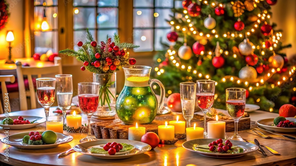 Festive Flavored Water Display in a Vase on a Beautifully Decorated Christmas Dinner Table with Holiday Decorations and Soft Lighting for a Magical Atmosphere Festive Flavored Water Display in a Vase on a Beautifully Decorated Christmas Dinner Table with Holiday Decorations and Soft Lighting for a Magical Atmosphere