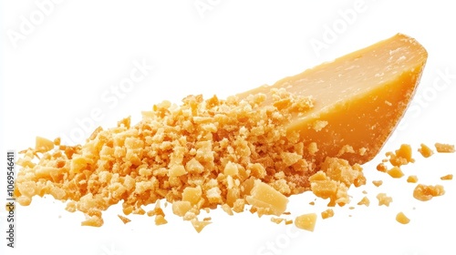 A wedge of parmesan cheese with crumbled pieces, isolated on white background. PNG transparent.
