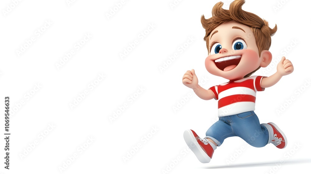 A cheerful cartoon boy with brown hair, wearing a red and white striped shirt, blue jeans and red sneakers, runs to the right with a big smile on his face. A cheerful cartoon boy with brown hair, wearing a red and white striped shirt, blue jeans and red sneakers, runs to the right with a big smile on his face.