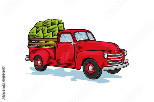 illustration of a red car carrying green hops