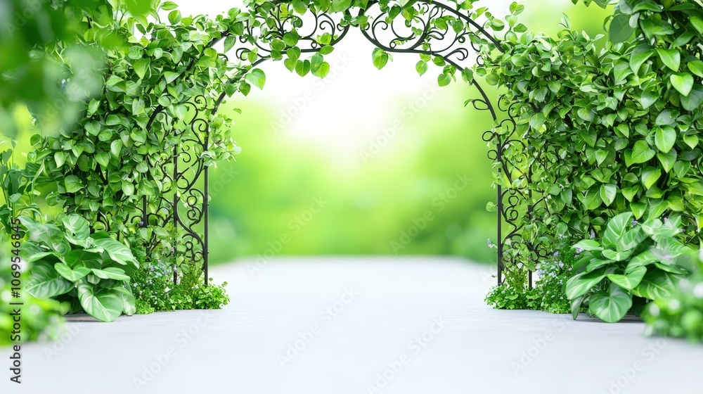 Obraz premium Enchanting iron archway covered in lush green vines in a vibrant garden setting