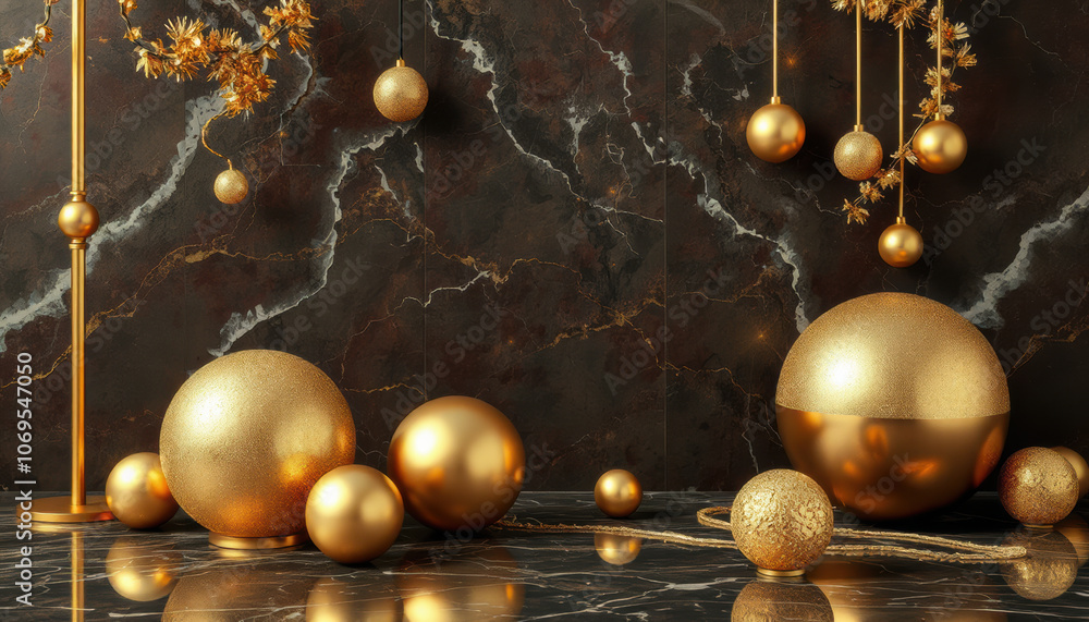 Naklejka premium Elegant marble and gold ball decorations create luxurious atmosphere, perfect for festive occasions and celebrations
