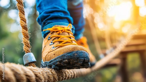 Courageous Individual Conquering Ropes Course Challenge with Impressive Balance and Fearlessness