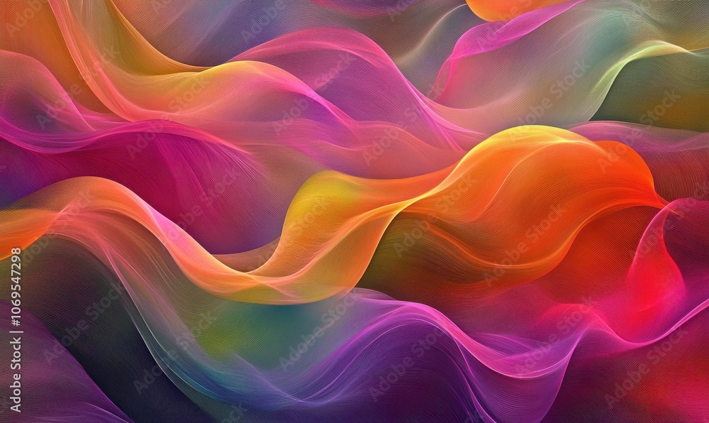 Abstract flowing waves of vibrant colors against a soft background creating a serene and modern digital artwork effect Abstract flowing waves of vibrant colors against a soft background creating a serene and modern digital artwork effect