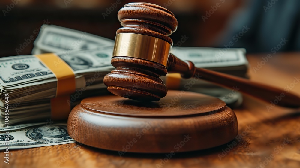 A judge's gavel and dollar bundles represent the concepts of corruption, bankruptcy, and auction bidding, symbolizing legal and financial proceedings in a courtroom setting. A judge's gavel and dollar bundles represent the concepts of corruption, bankruptcy, and auction bidding, symbolizing legal and financial proceedings in a courtroom setting.