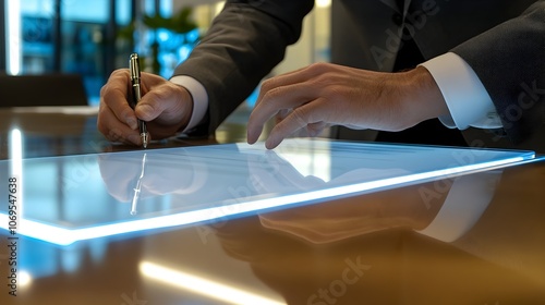 Business professional in suit signing a contract or document on a sleek illuminated conference table in a modern well lit office setting photo