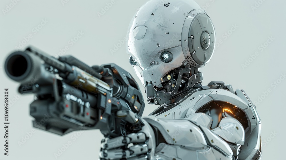 Fototapeta premium Futuristic soldier robot holding weapon, 3d rendering. AI generated images