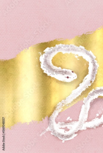 ピンク色とゴールドの背景と白い蛇の和風イメージ背景イラスト