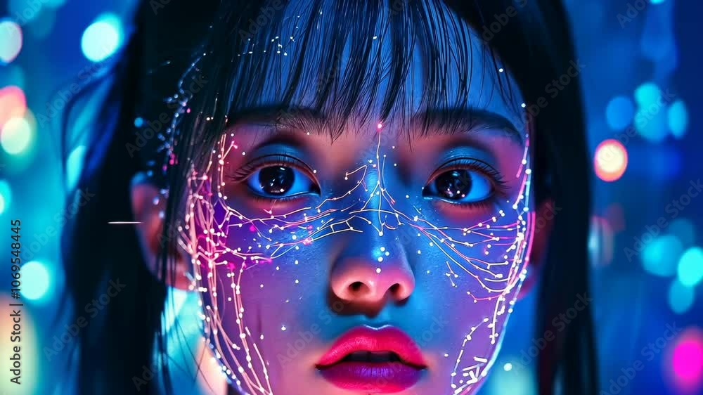 Stunning portrait of a young Asian woman with colorful neon light reflections cascading over her face and eyes, evoking a futuristic and mesmerizing atmosphere. Shot during nighttime. Stunning portrait of a young Asian woman with colorful neon light reflections cascading over her face and eyes, evoking a futuristic and mesmerizing atmosphere. Shot during nighttime.