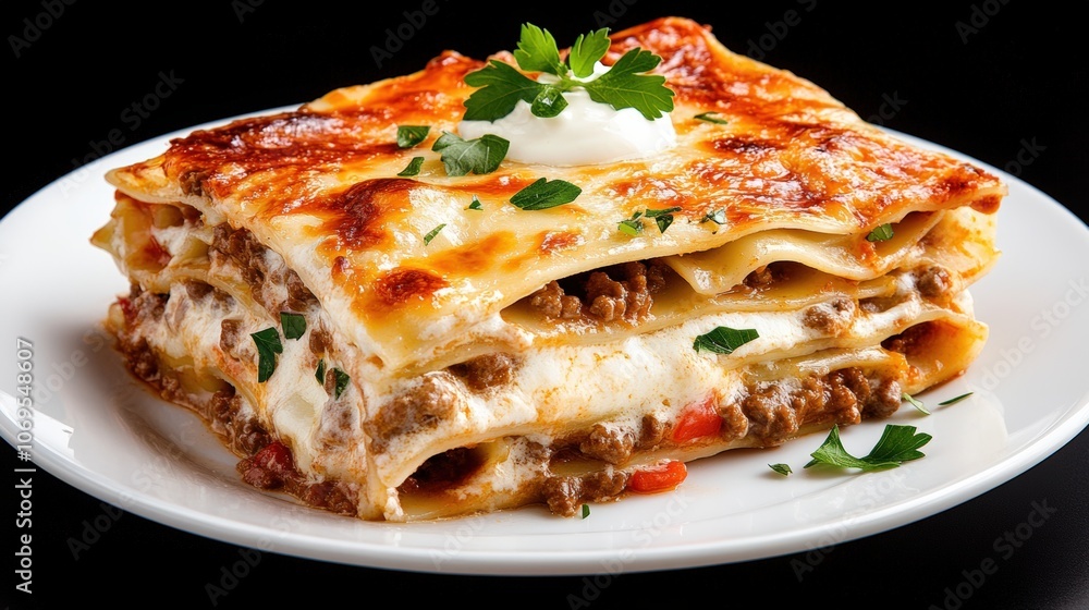 Delicious homemade beef lasagna with melted cheese and fresh parsley garnish Delicious homemade beef lasagna with melted cheese and fresh parsley garnish