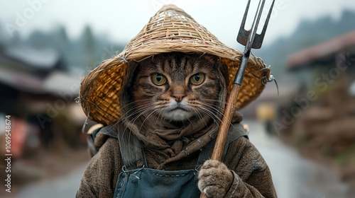 Cat in traditional attire holding pitchfork in rural setting