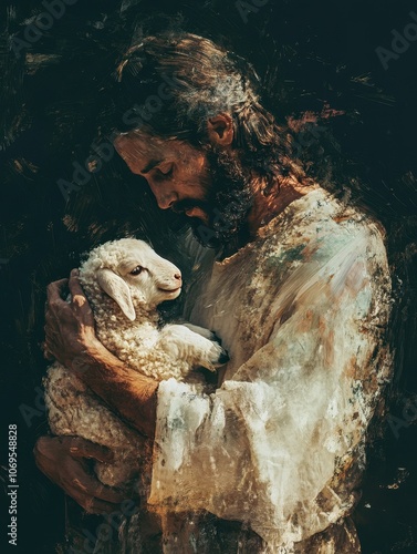 AI Generated Image of Jesus Christ holding a little lamb of Easter holiday concept
