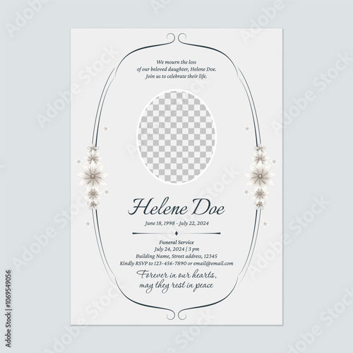 Floral funeral invitation template features a vintage floral frame encircling a circular photo placeholder on a grey background conveying a sense of respect and solemnity