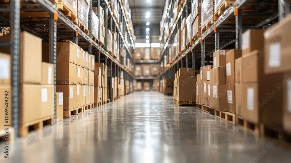 Cardboard boxes stacked on shelves in a warehouse. Cardboard boxes stacked on shelves in a warehouse.
