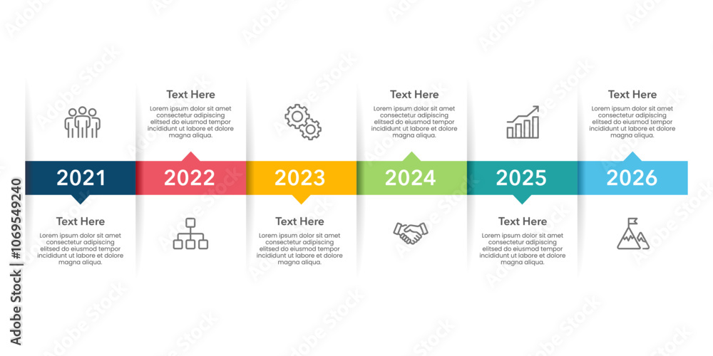 Business Timeline 6 Years Infographic Design Template for Business. Presentation, Milestones, Anniversary, Plan and Project. Vector Illustration. Business Timeline 6 Years Infographic Design Template for Business. Presentation, Milestones, Anniversary, Plan and Project. Vector Illustration.