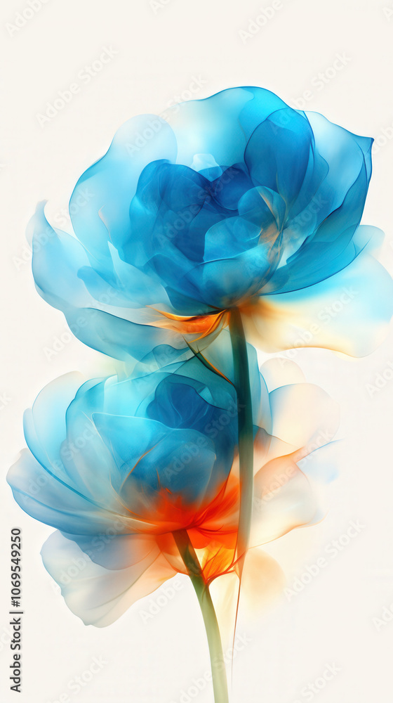 Obraz premium Elegant blue and orange translucent flowers in soft abstract art design
