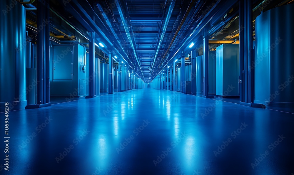 A dimly lit hallway with blue lighting, featuring metallic structures and reflective floors, creating a futuristic, industrial atmosphere. A dimly lit hallway with blue lighting, featuring metallic structures and reflective floors, creating a futuristic, industrial atmosphere.