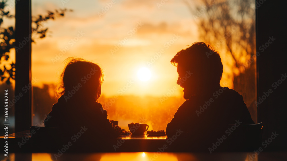 Silhouettes of a father and daughter enjoying a meal together at sunset. Silhouettes of a father and daughter enjoying a meal together at sunset.