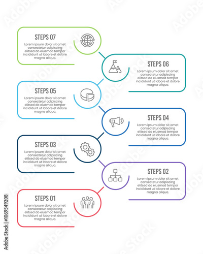 7 Step Vertical Infographic or Options. Simple design, Presentation, Banner, Poster, Plan and Brochure. Vector illustration.