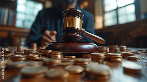 A man troubled by a penalty fine, illustrated by a gavel resting on coins, represents the burden of facing legal consequences.