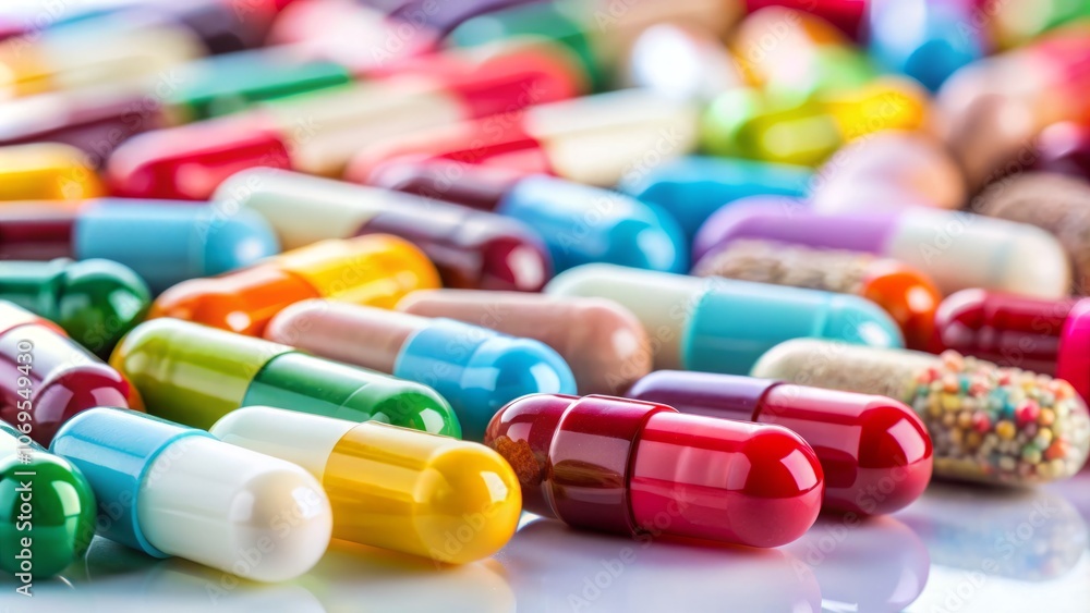 Minimalist Macro Photography of Medical Pills Isolated on White Background, Showcasing Colorful Capsules and Tablets in a Clean, Simple Composition for Healthcare and Pharmaceutical Use Minimalist Macro Photography of Medical Pills Isolated on White Background, Showcasing Colorful Capsules and Tablets in a Clean, Simple Composition for Healthcare and Pharmaceutical Use